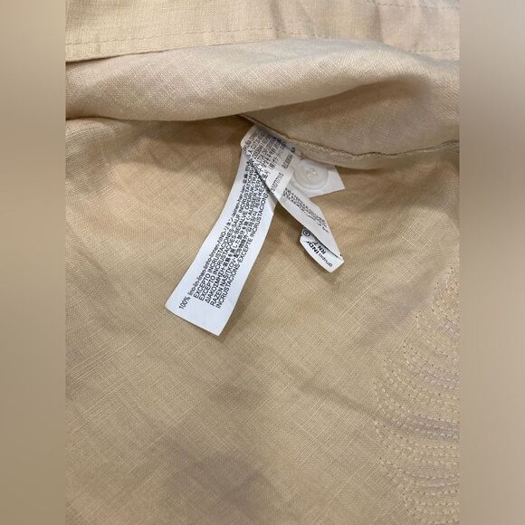 Zara 100% Linen White Beaded Leaf Tan Button Down Boho Collar Artsy Dress Small - Picture 6 of 12